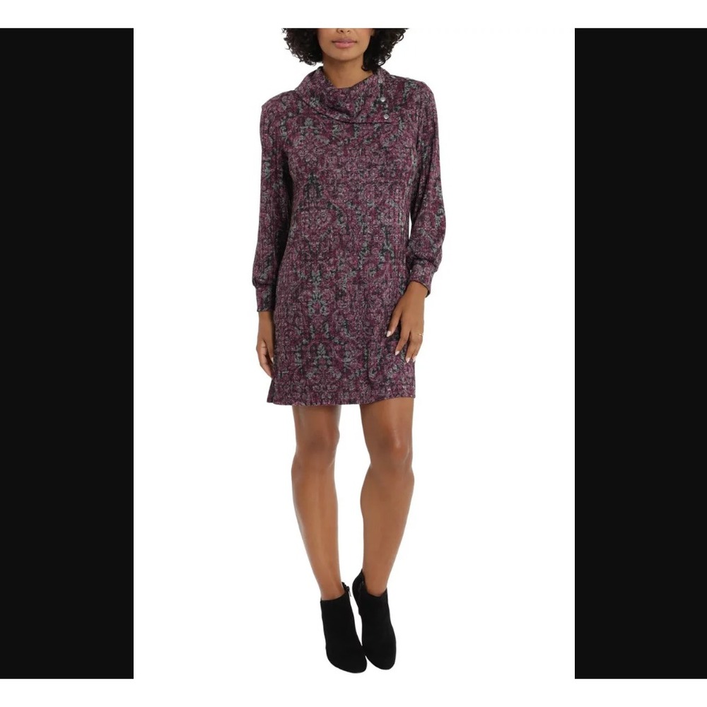 London Times Dress Women Large Wine Metallic Knit Long Sleeve Cowl Neck T6944M‎